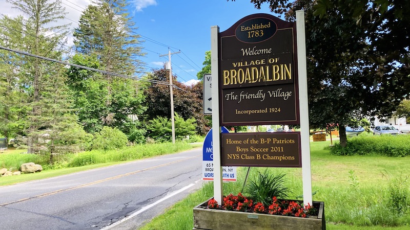 Sign entering Broadalbin; Established 1783. Welcom to the Village of Broadalbin, the friendly village, incorporated 1924. Home of the B-P Patriots, Boys Soccer 2011 NYS Class B Champions